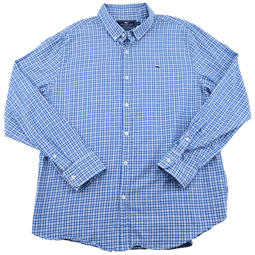 Vineyard Vines Shirt Mens XL Slim Fit Blue White Gingham Button Down Whale